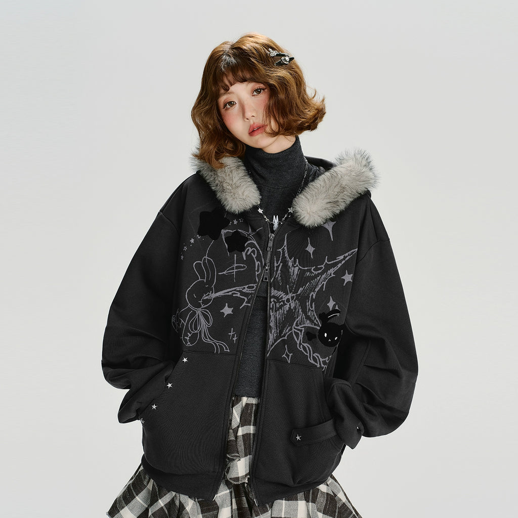 Girlyhalo Vintage Print Hooded Sweater Jacket