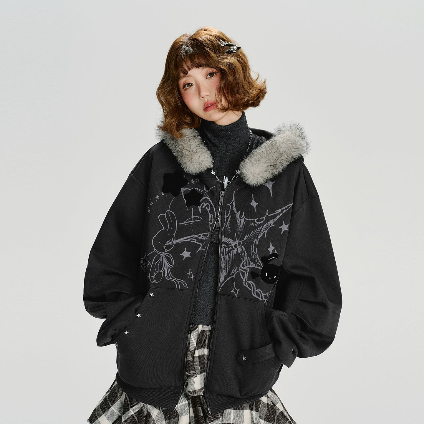 Girlyhalo Vintage Print Hooded Sweater Jacket