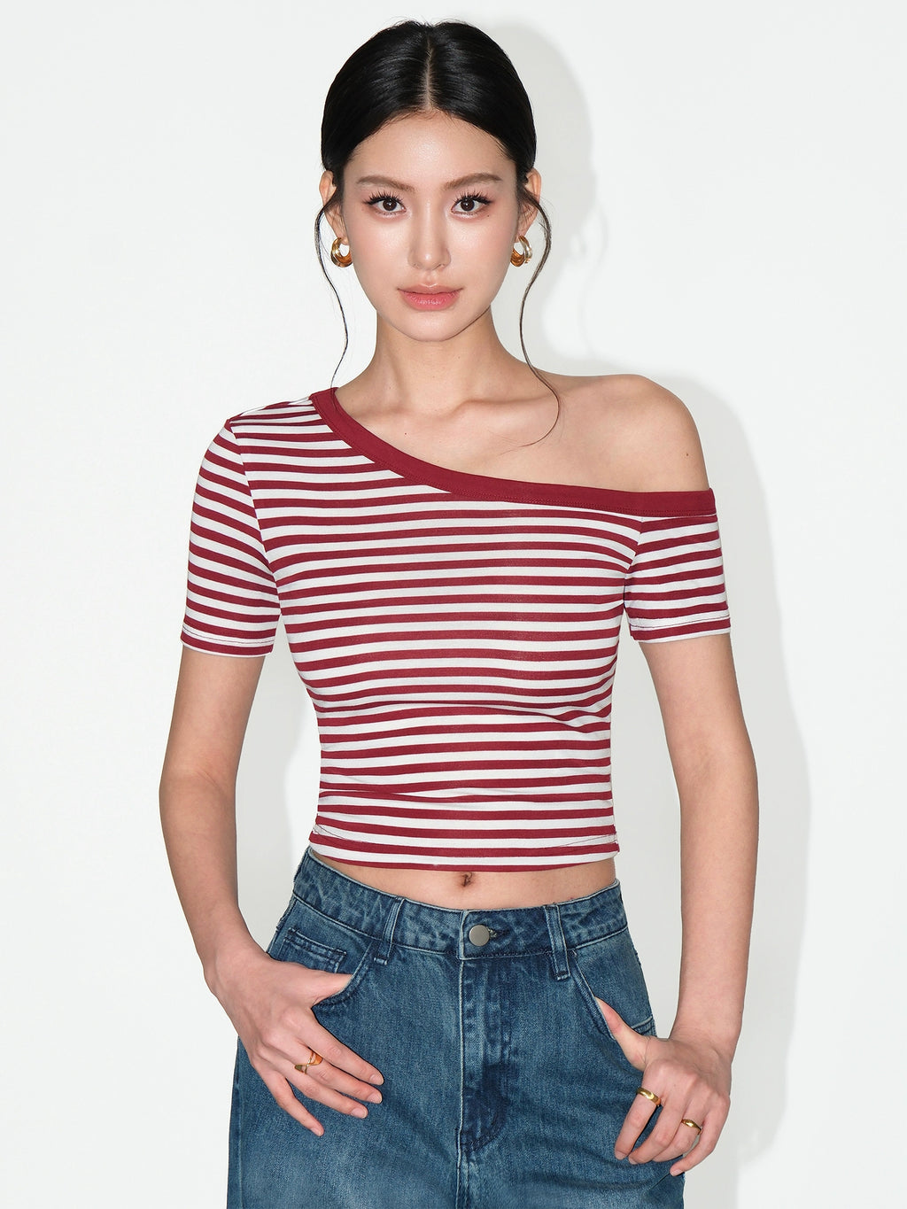 NEVA HU Temperament Slant Neck Off-Shoulder Striped Tee