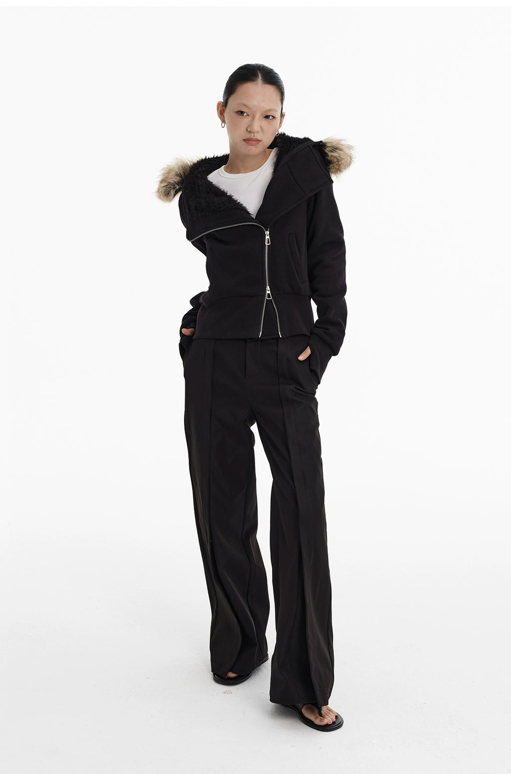 LINY LIBERTY Loose Raccoon Real Fur Collar Jacket Thickened Coat