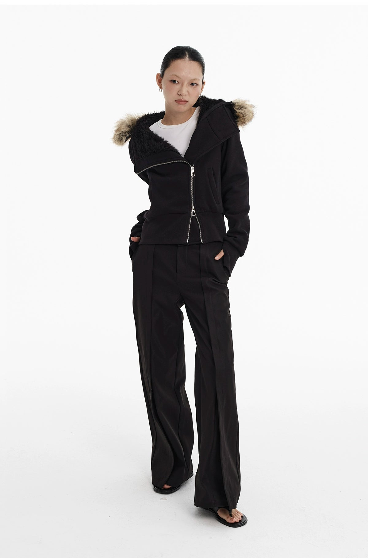 LINY LIBERTY Loose Raccoon Real Fur Collar Jacket Thickened Coat