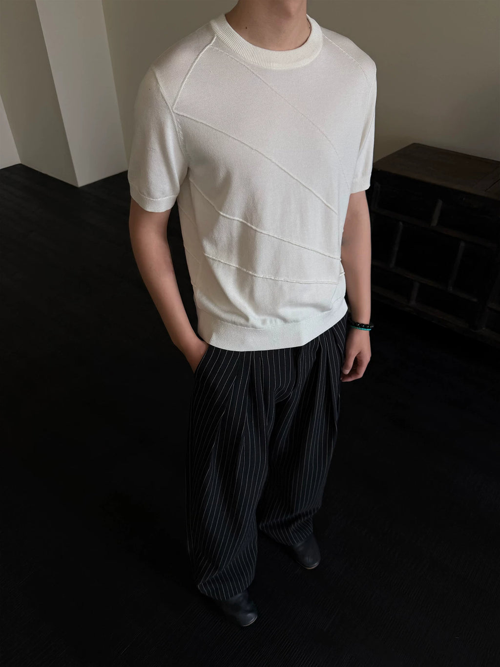KREATE Front Shoulder Three-dimensional Jacquard Crew Neck Knitted Tee