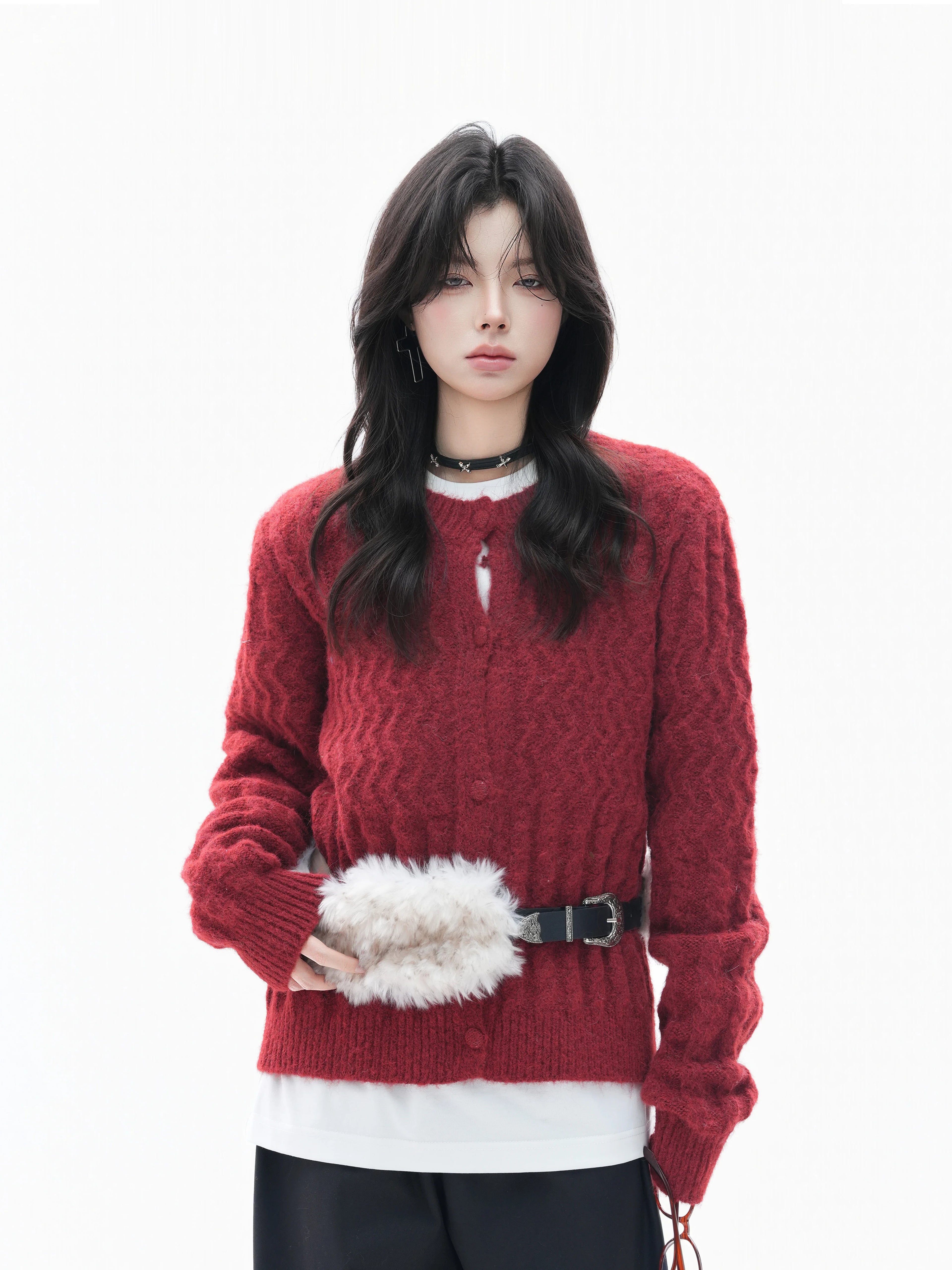 Zuocisankon Detachable Fur Collar Twist Knitted Cardigan Sweater