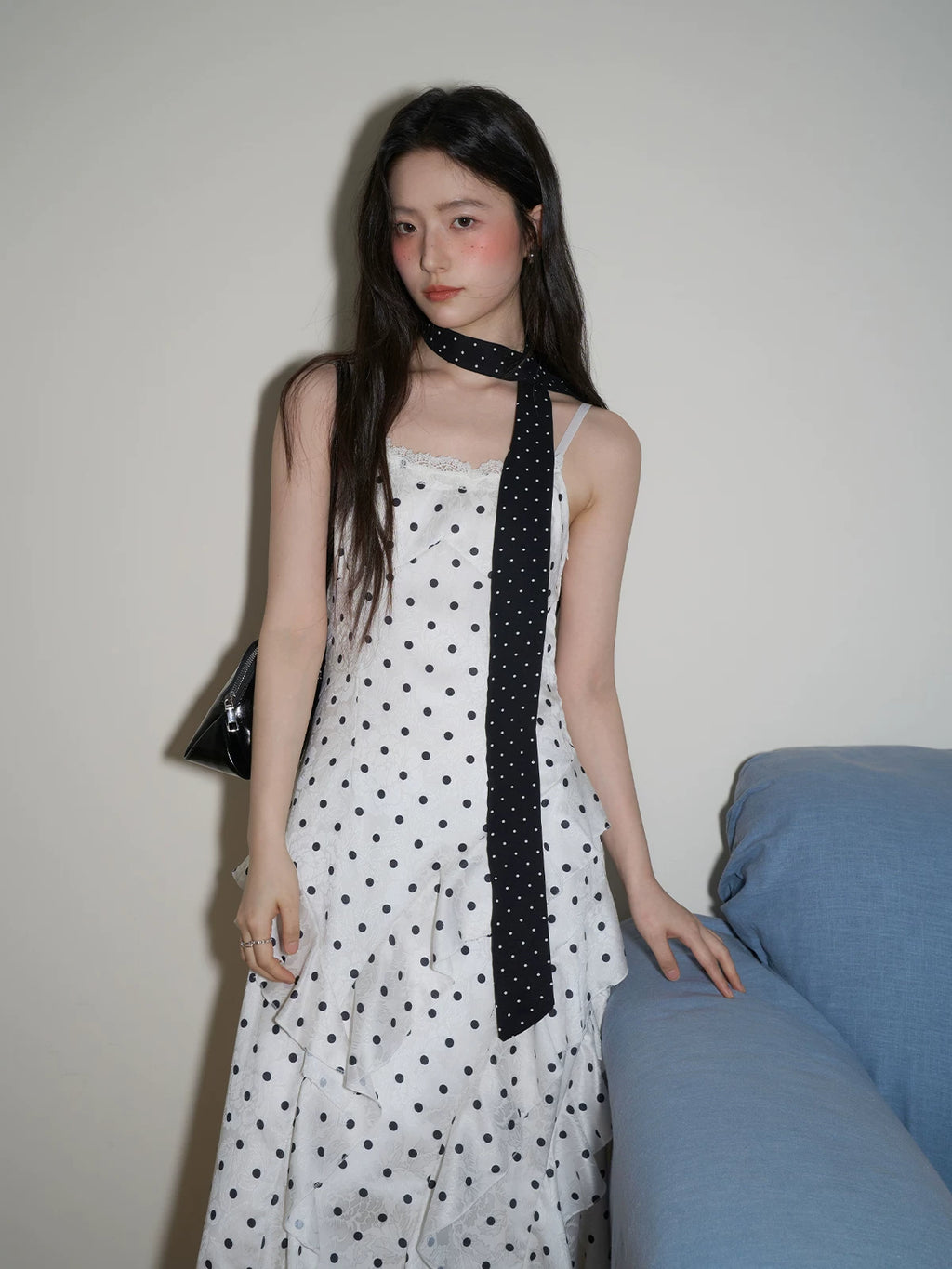 XUJING Polka Dot Ruffle Edge Waist Suspender Dress