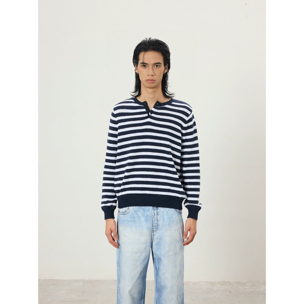 BTSG Lazy Wind Slack Striped Henry Neck Long Sleeve Knitted Sweater