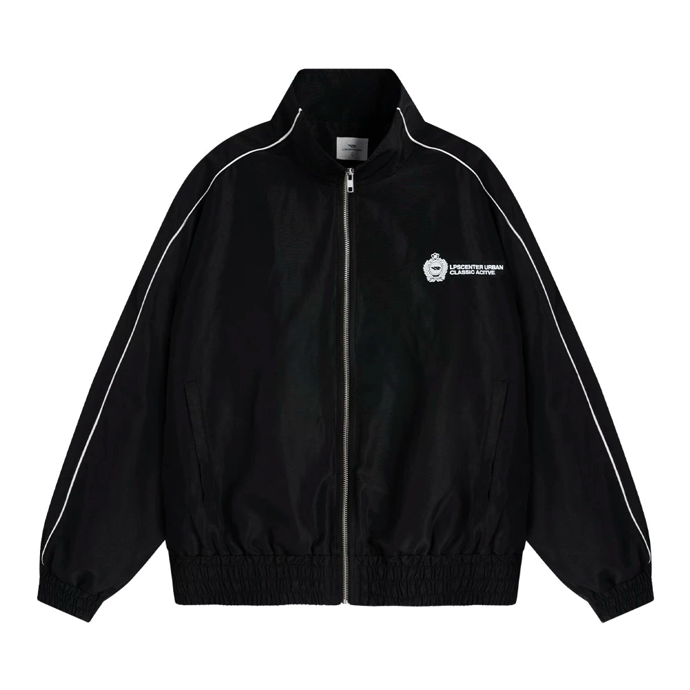 Loopsoon Front and Rear Print Contrasting Striped Stand-up Jacket