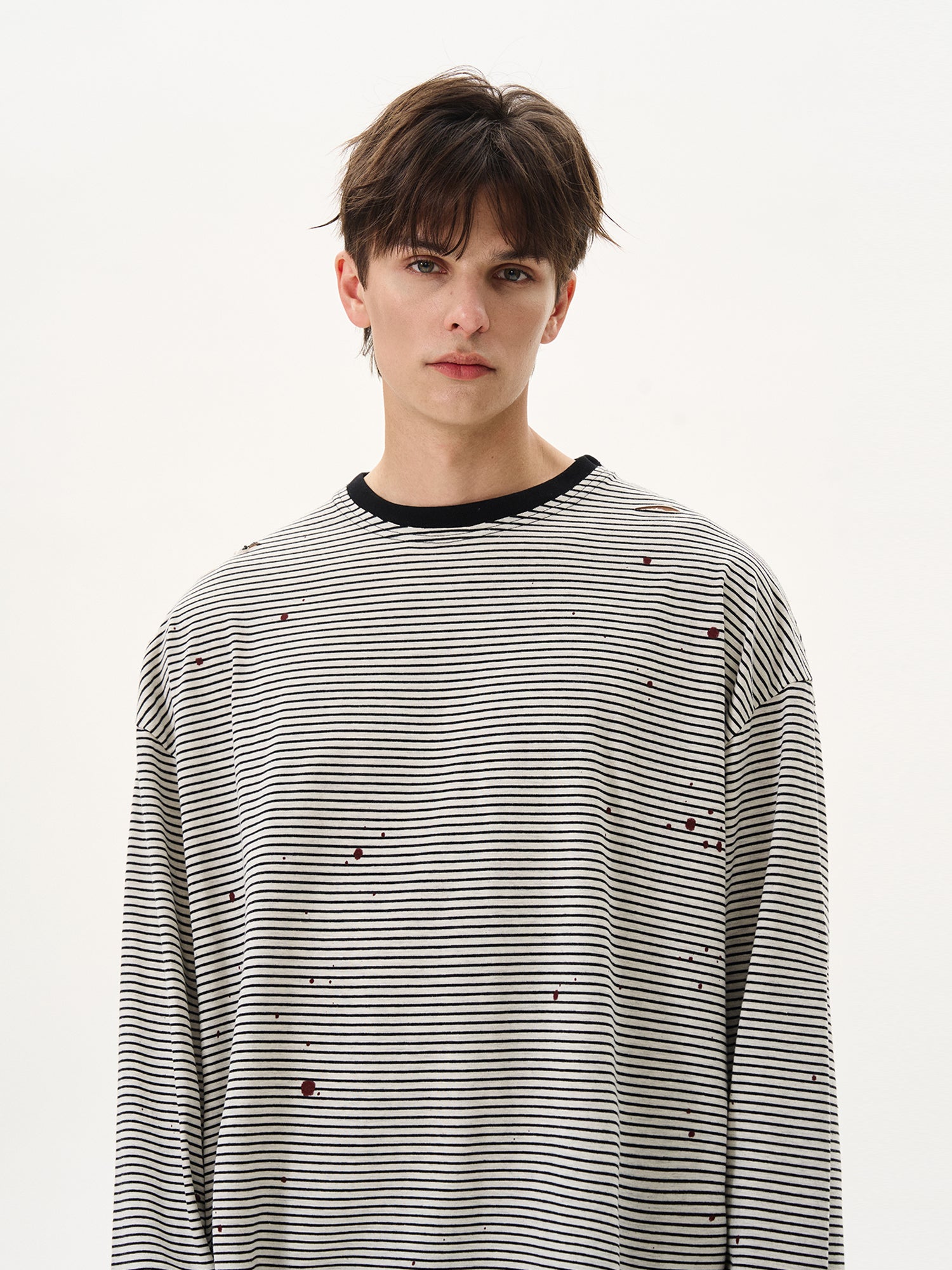 BTSG sense ink splashing ripped striped round neck long sleeve Tee