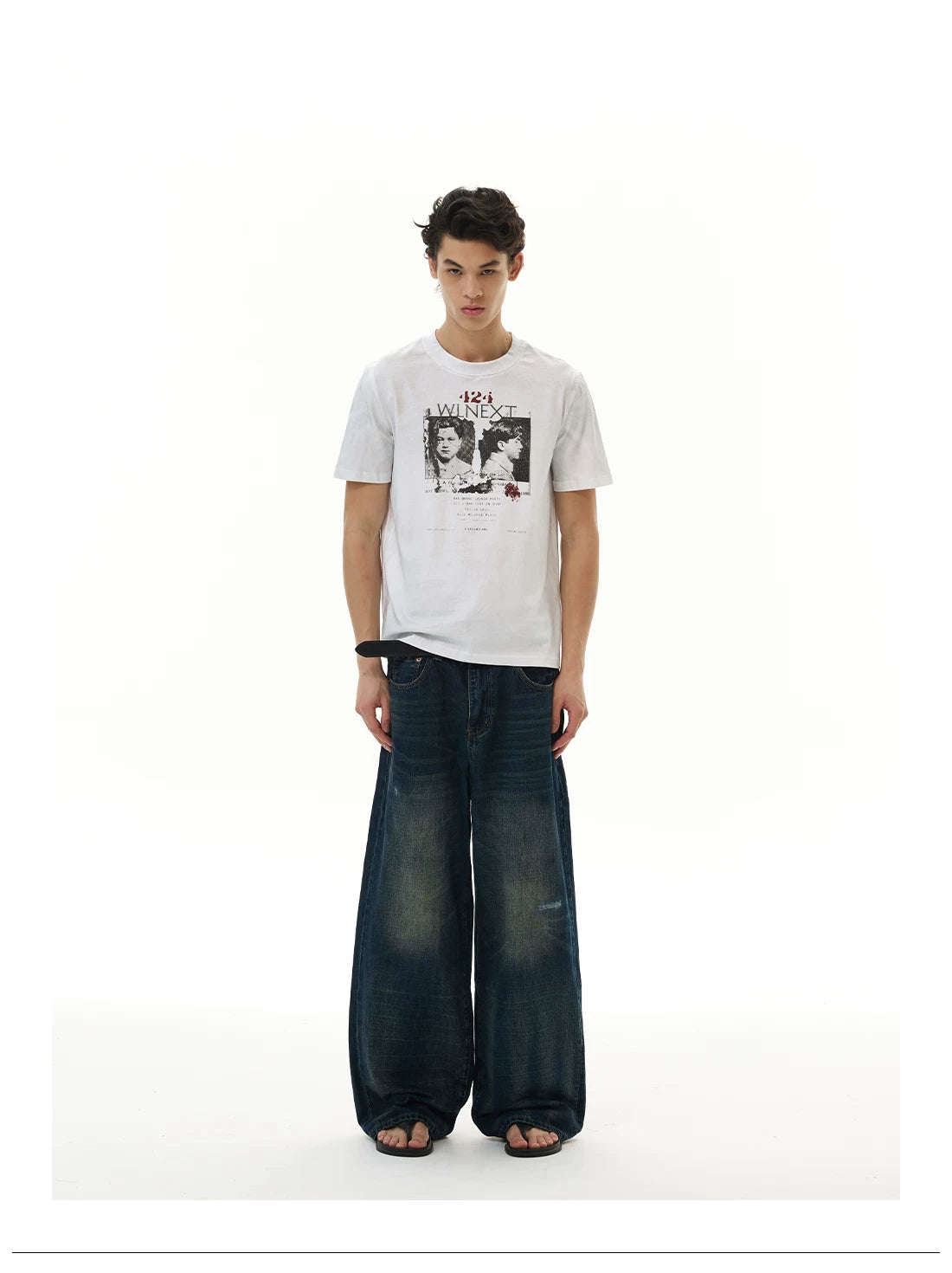 WLNEXT Retro Front Shoulder Doing Old Casual Tee