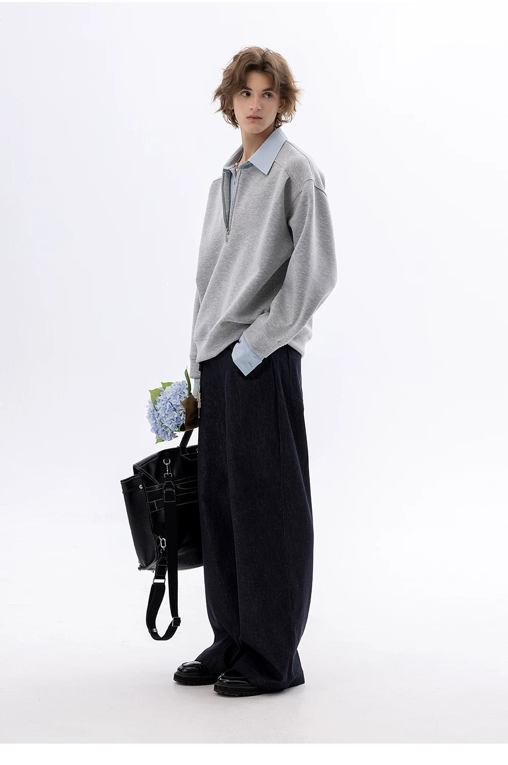 CHOR Fake Two-piece Color-matching Zipper Lapel Pullover Sweater