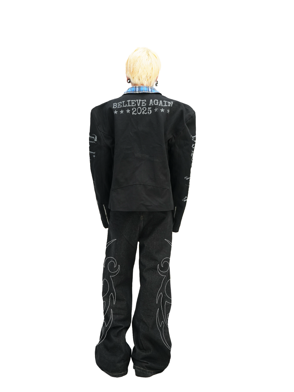 DETW 25ss * "greed" original heavy industry front shoulder diagonal placket zipper slim plaid splicing short wide jacket