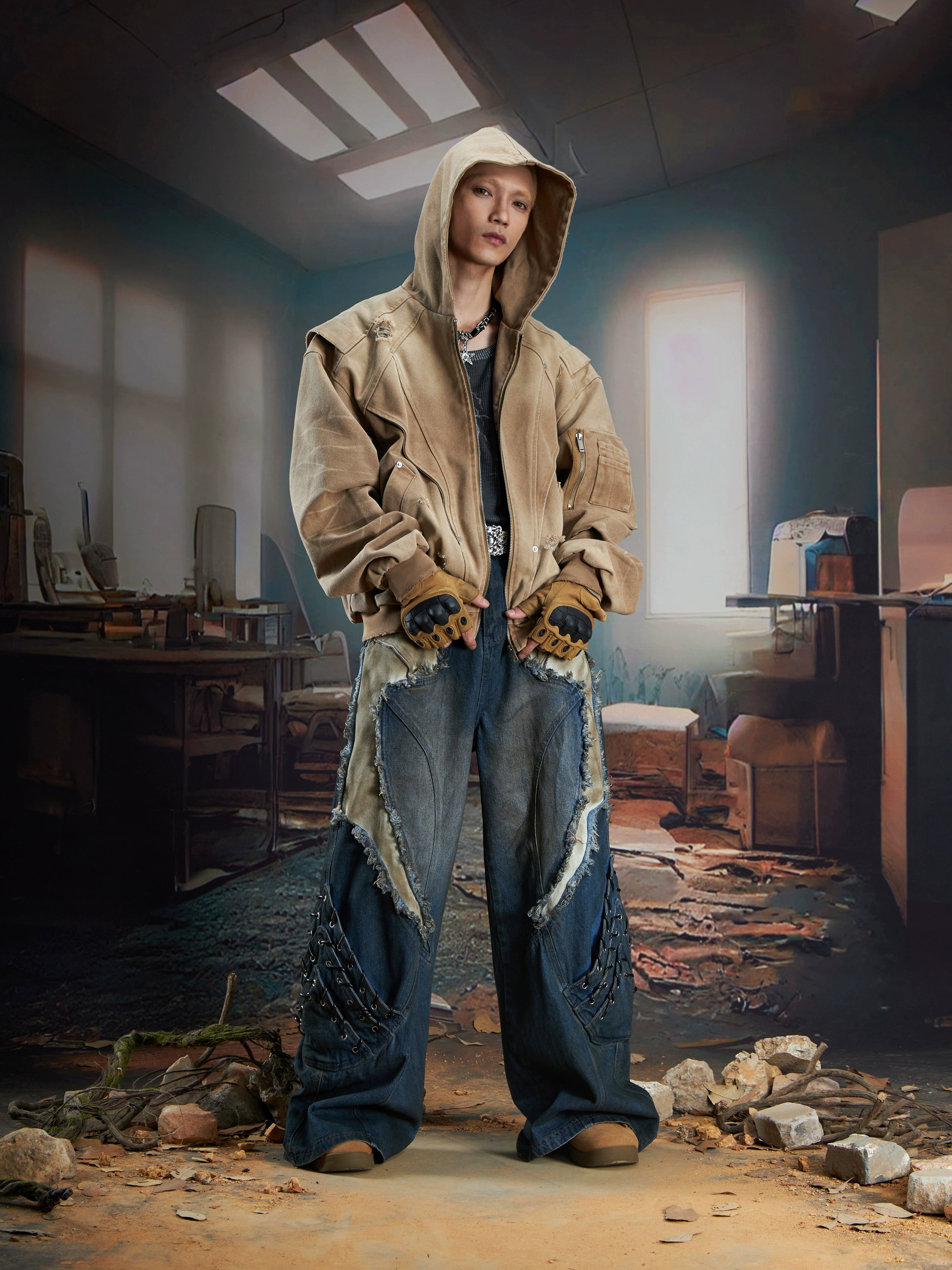 NOMANIAI Stitched Rough-rimmed Fringed Baggy Jeans