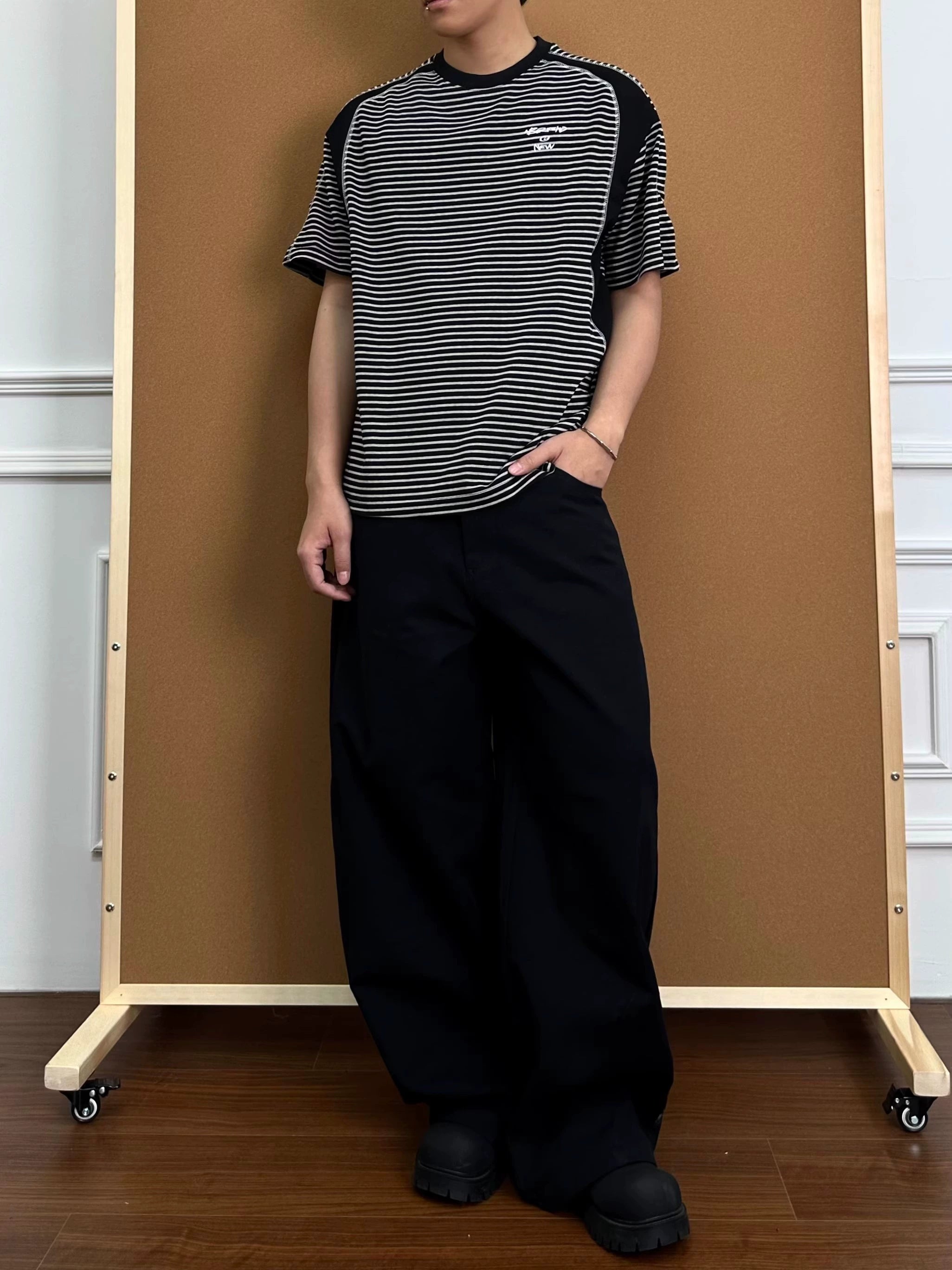 BeOurRule Splicing Open Line Stripe Splicing Loose Tee