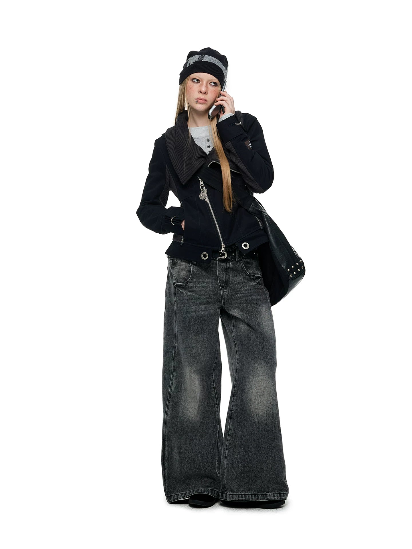 JIKOO Splicing Stack Collar Waist Short Jacket