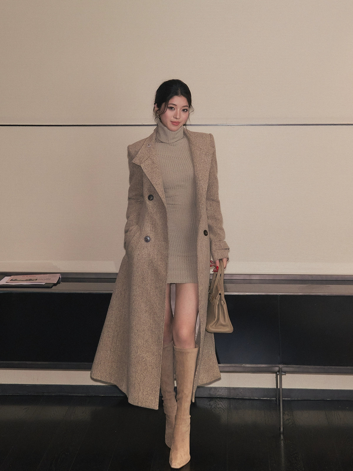 LLROGE Waist Medium and Long Over-knee Temperament Stand-up Collar Woolen Coat