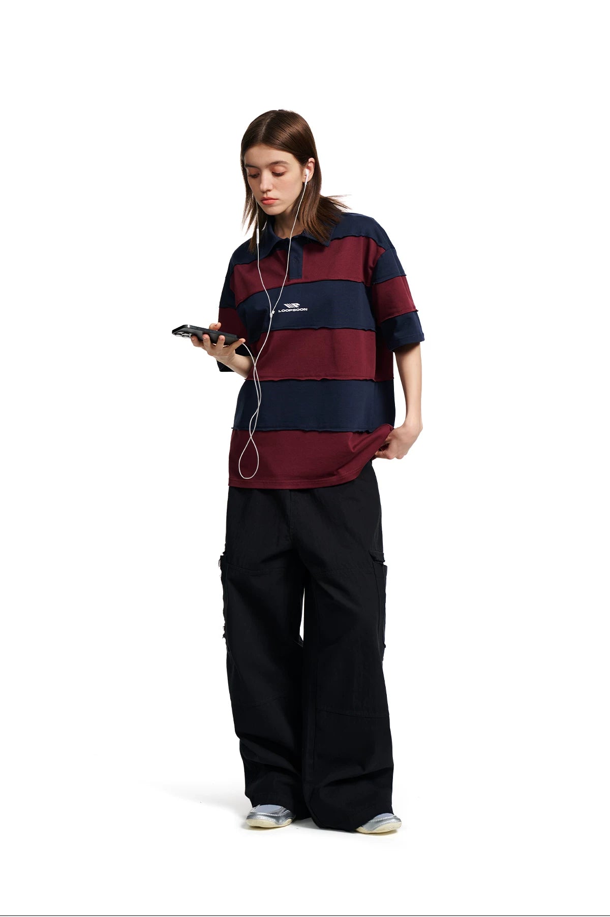 Loopsoon Vintage Contrasting Stripe Stitching Rough Edge Polo Tee