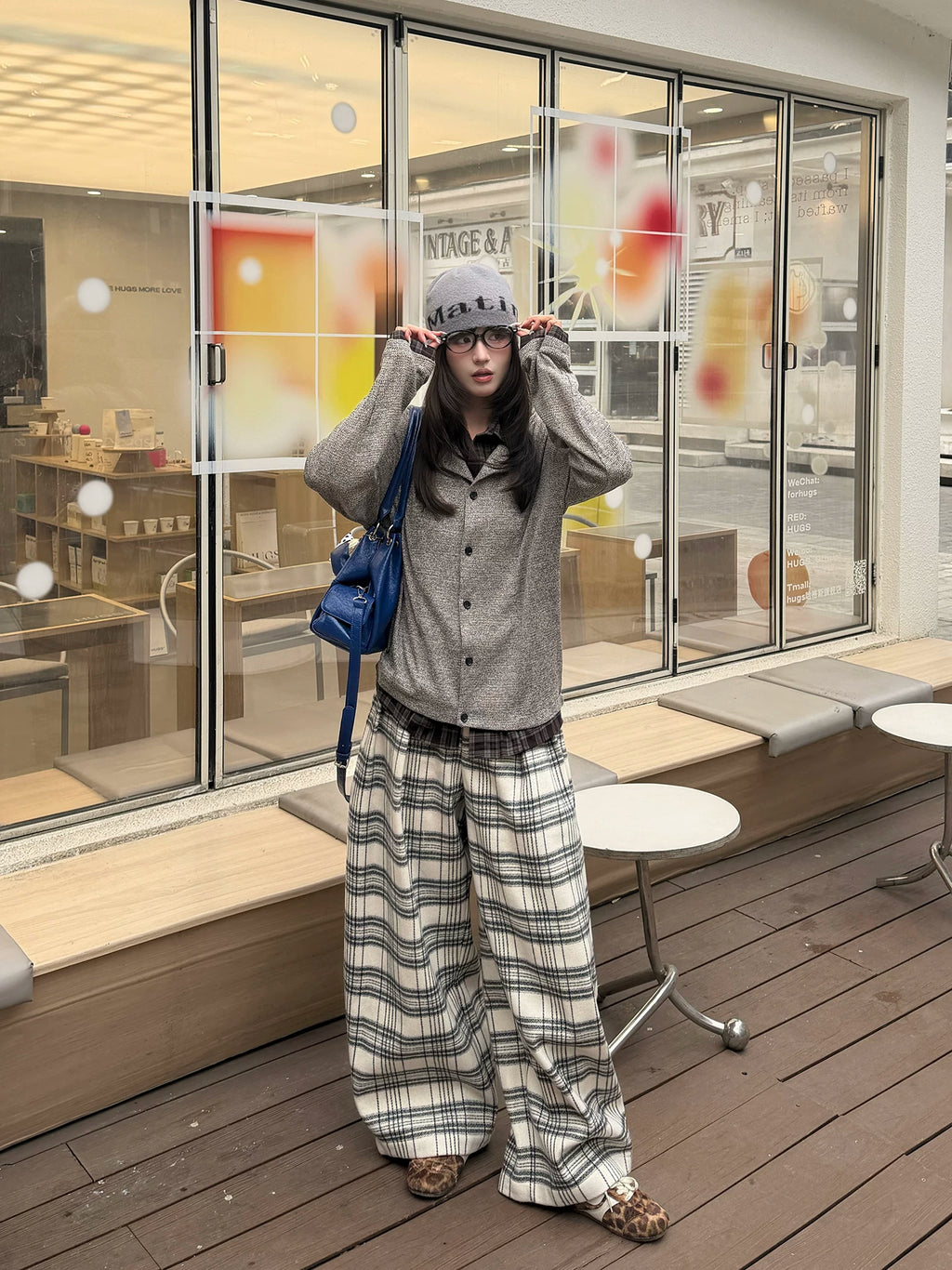 TZ Contrasting Color Layering Splicing Plaid Long-sleeved Shirt