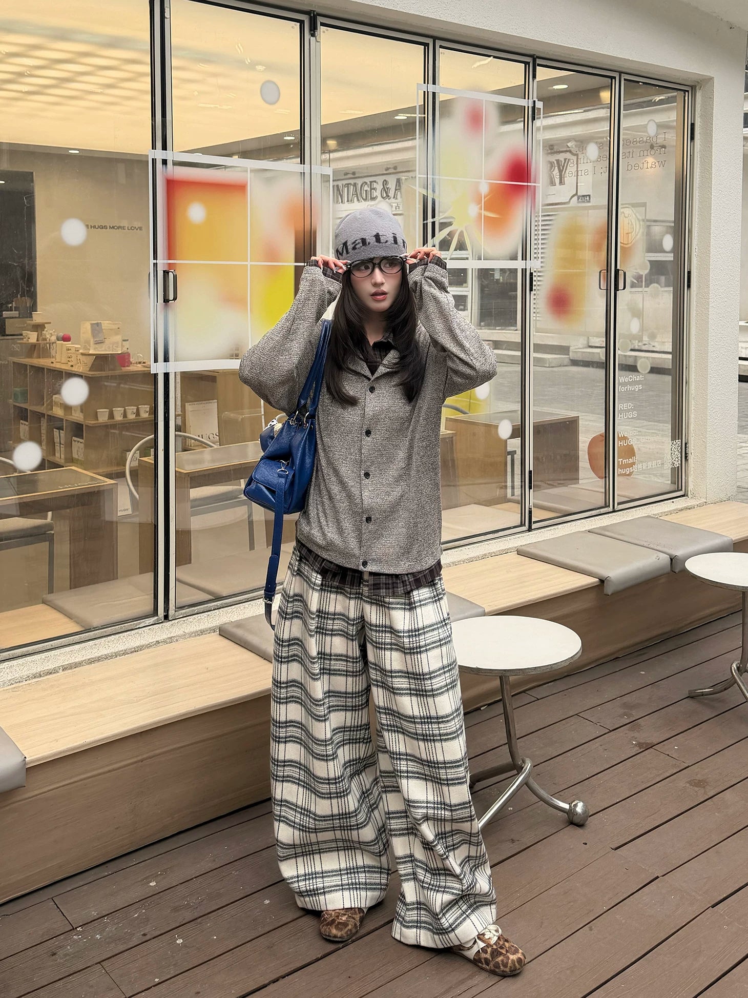 TZ Contrasting Color Layering Splicing Plaid Long-sleeved Shirt
