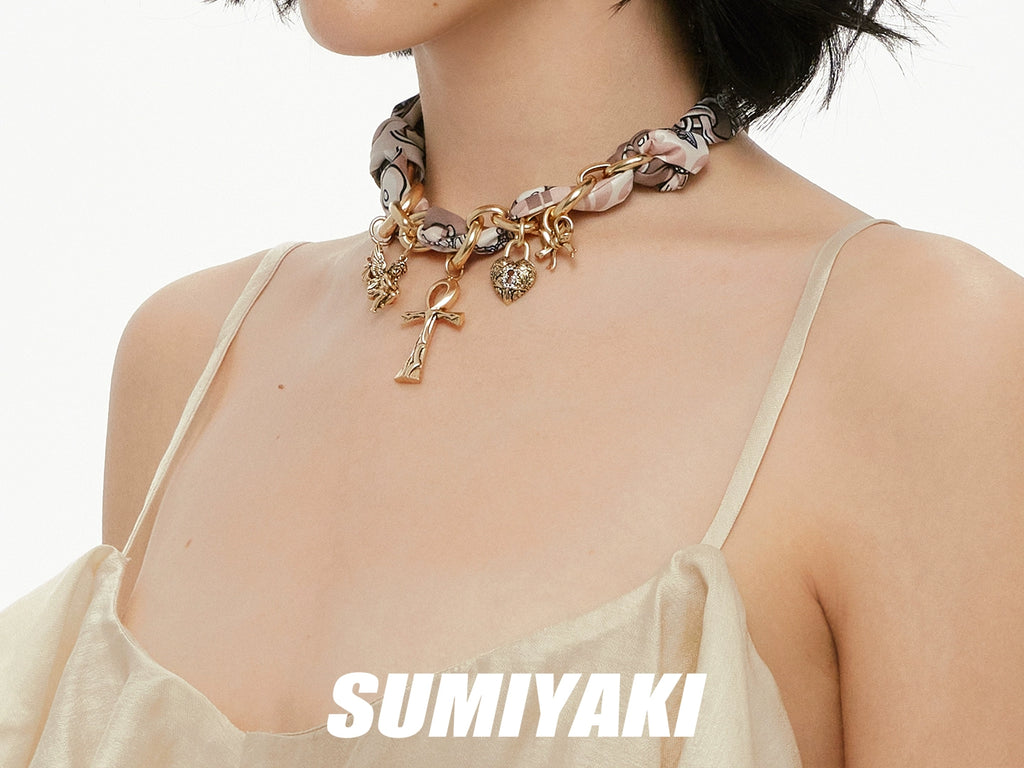 SUMIYAKI Vintage Cross Silk Scarf Necklace