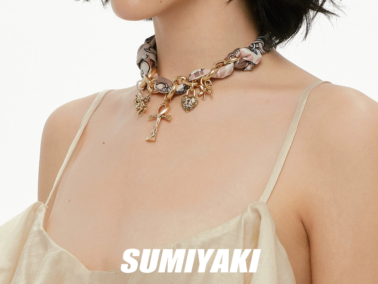 SUMIYAKI Vintage Cross Silk Scarf Necklace