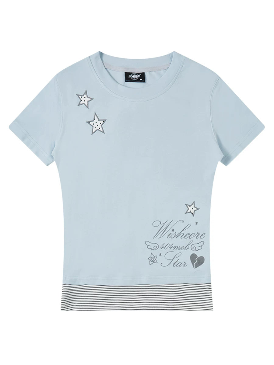 404MOB Crew Neck Striped Embroidered Slim Tee