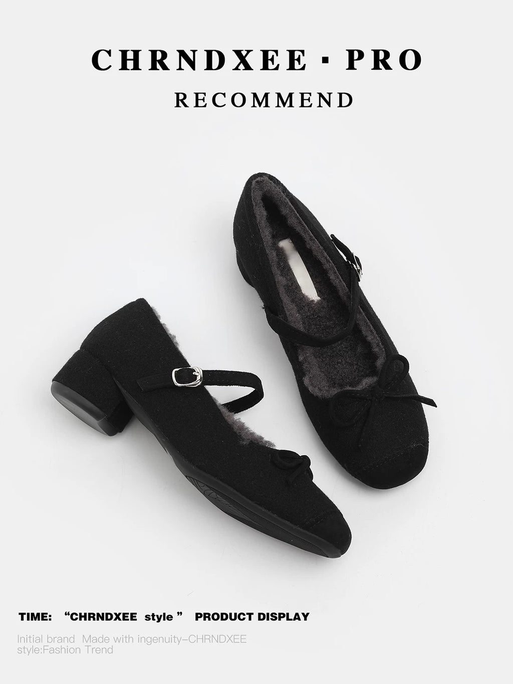 CHRNDXEE Retro Round Head Bow Warm Thick Heel Shoes
