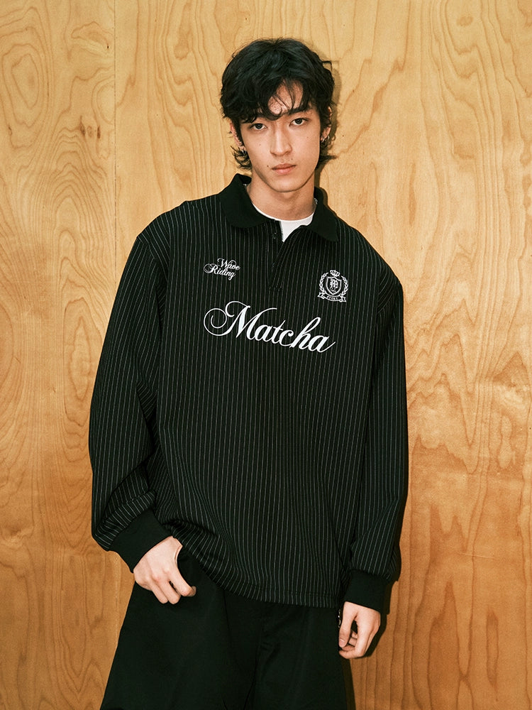 MATCHA STORY Vertical Striped Jacquard Lapel Sweater