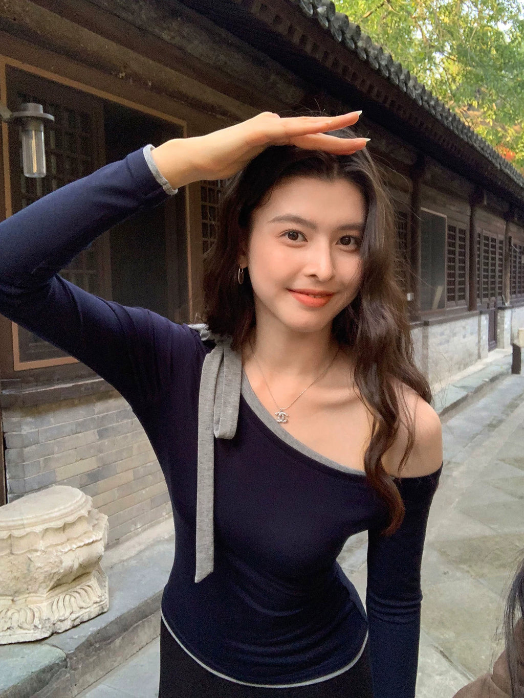 Pusumede Strappy Temperament Slim Slanted Shoulder Knitted Long Sleeves