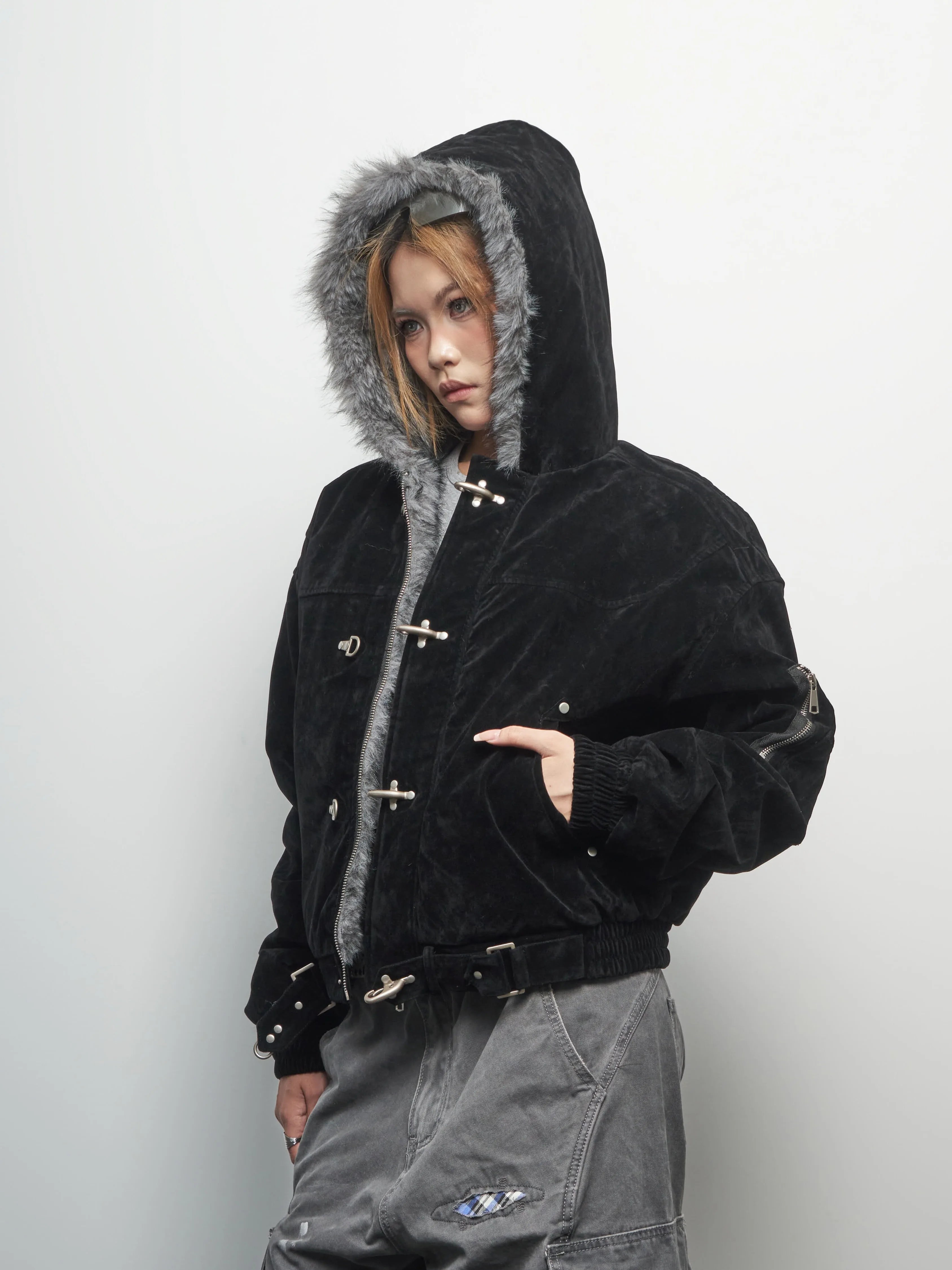 BLACKENERGY Retro Fur Collar Hooded Thickened Cotton Jacket