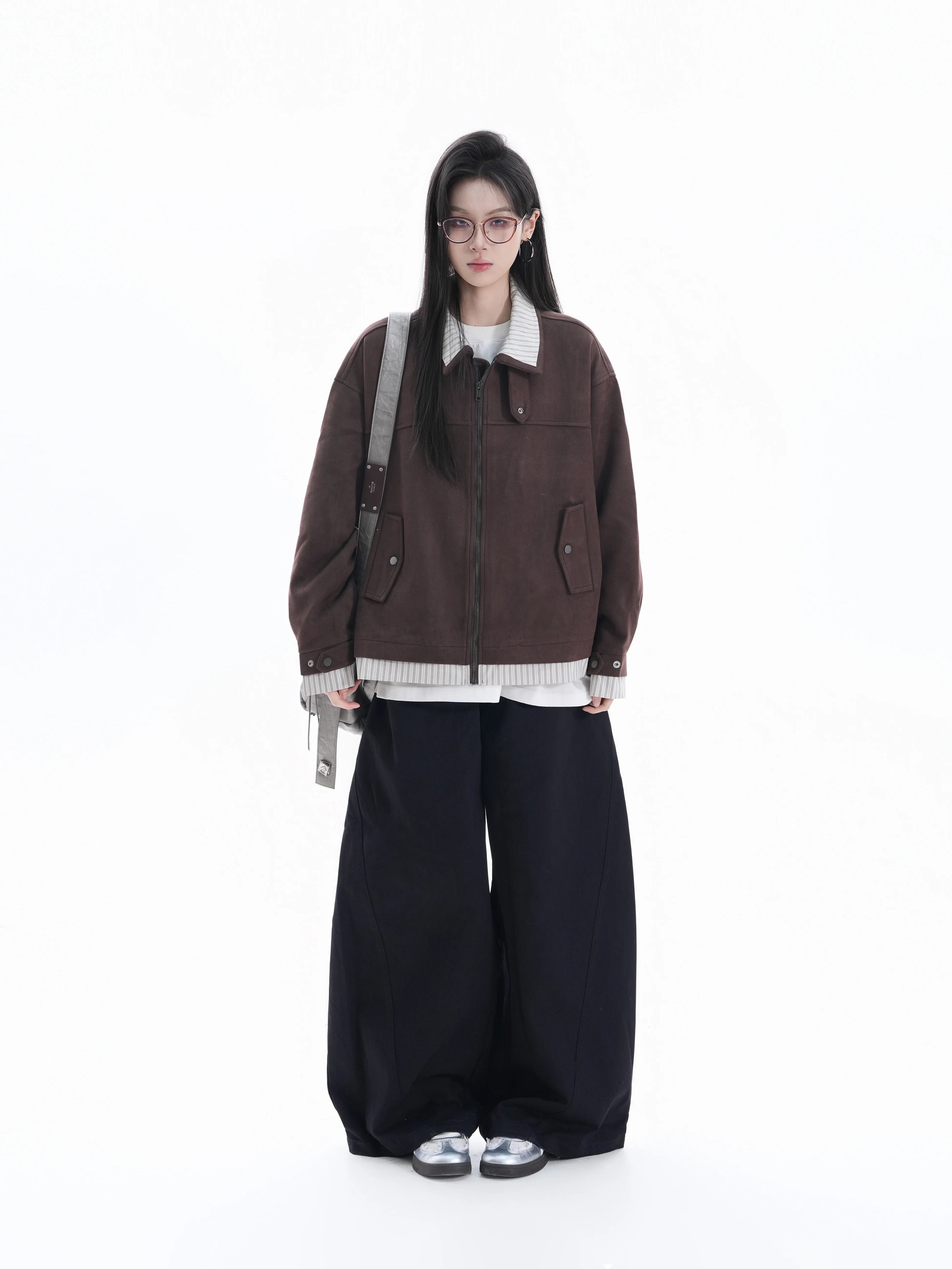 Zuocisankon Vintage Suede Face Splicing Fake Two-piece Jacket