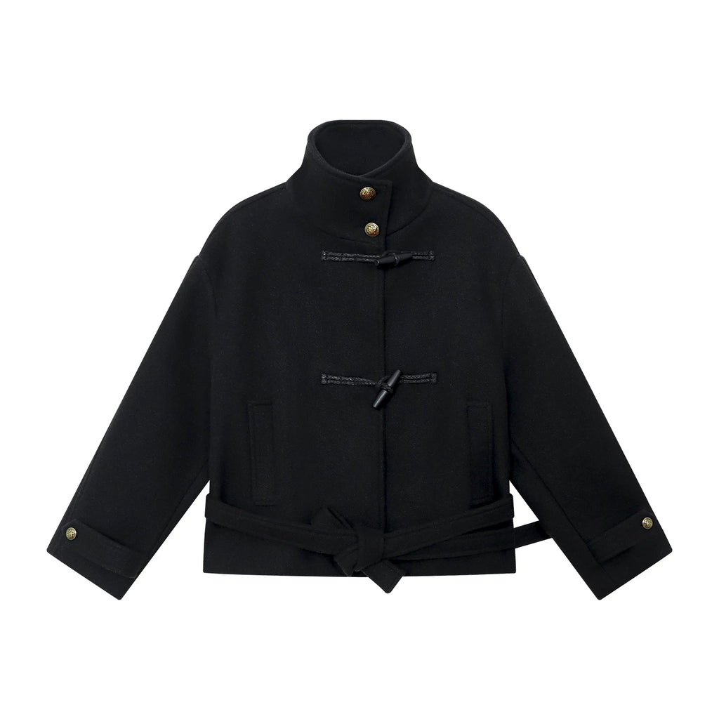 FUNKYFUN Strap-on Stand-up Collar Tweed Coat