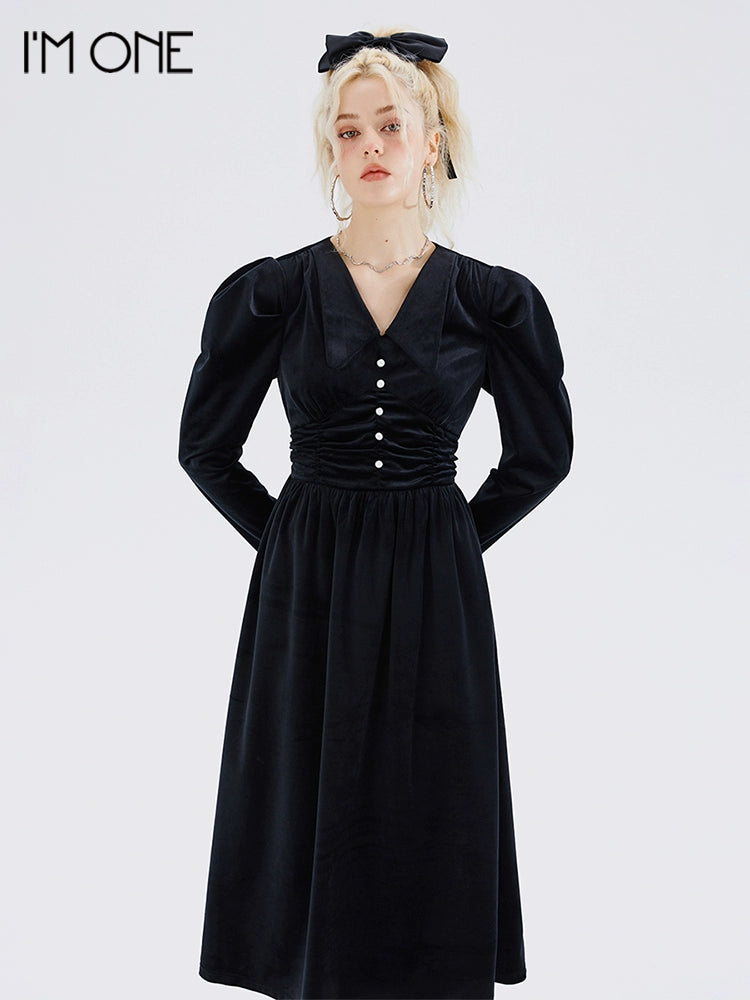 IMONE Vintage Velvet V-Neck Waist Long Sleeve Dress