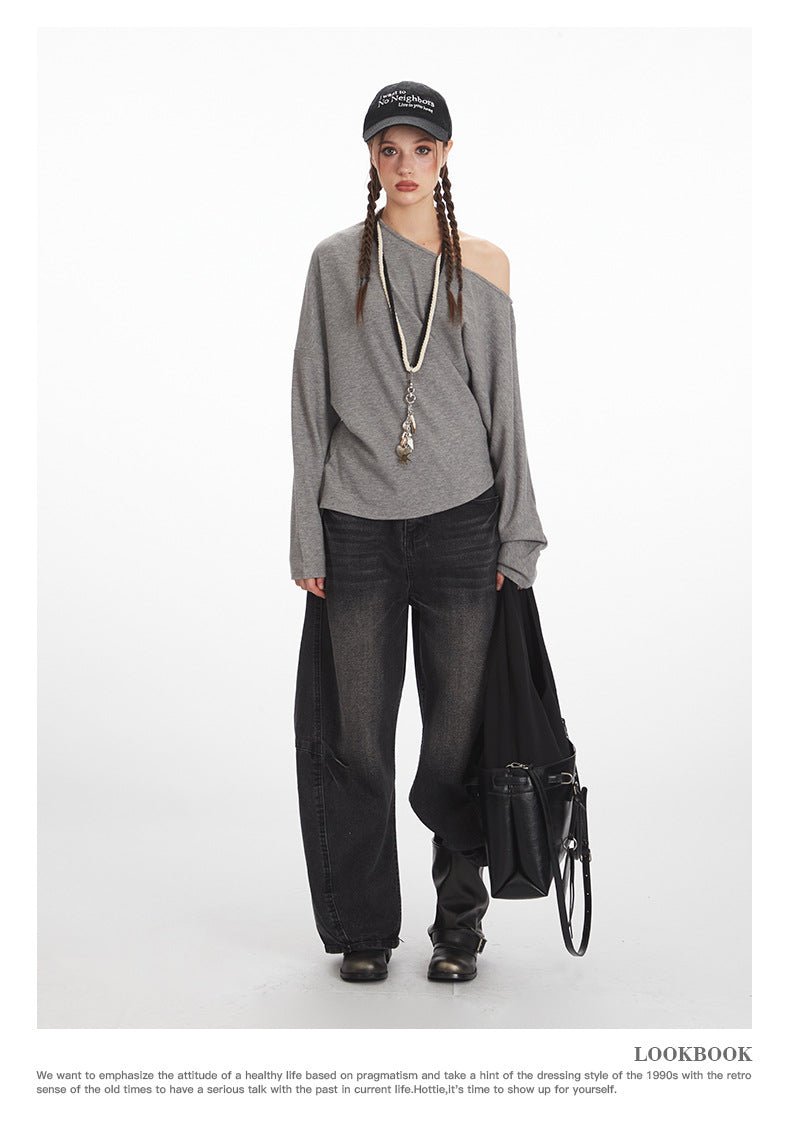 Nariele Irregular Diagonal Collar Waist Long Sleeves