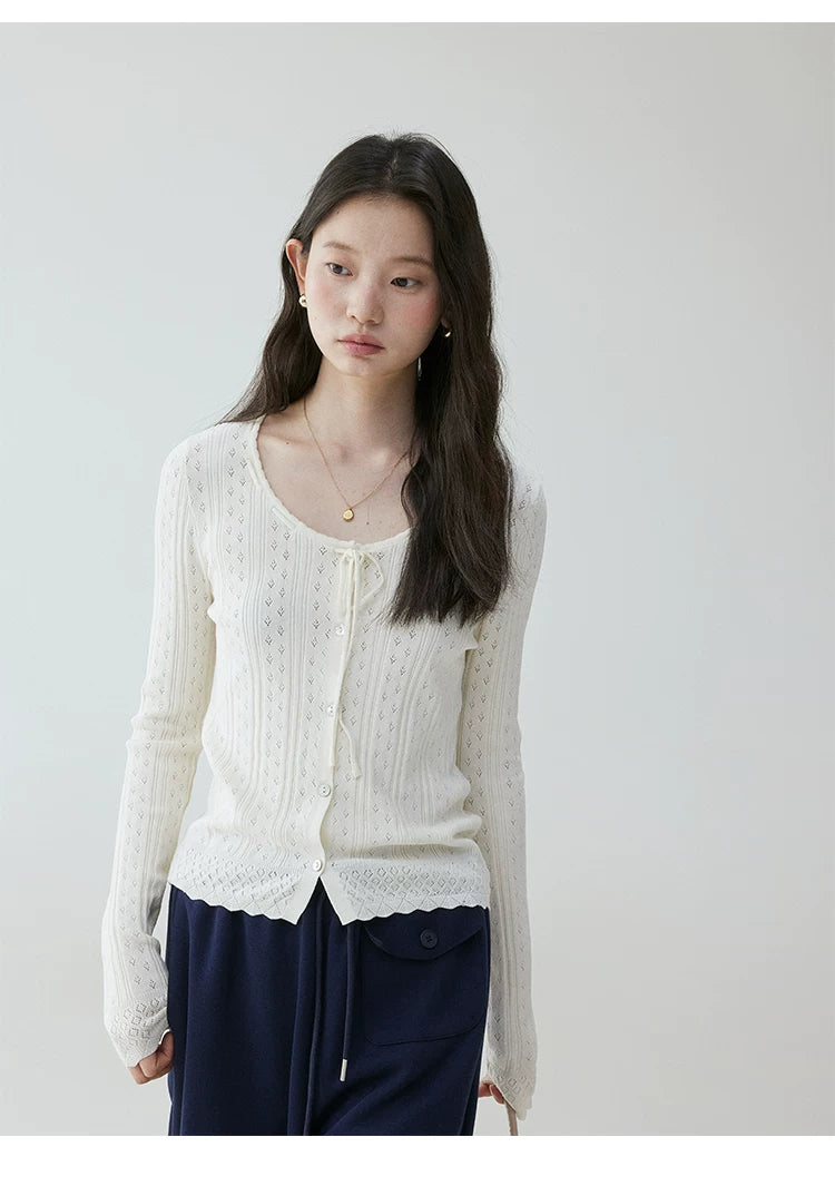 VOOE Round Neck Jacquard Hollow Strap Knitted Long Sleeve