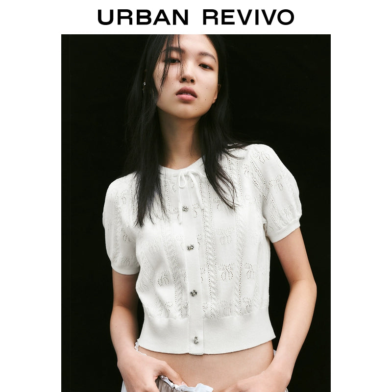 URBAN REVIVO Bow Texture Lace-up Short-sleeved Knitted Sweater