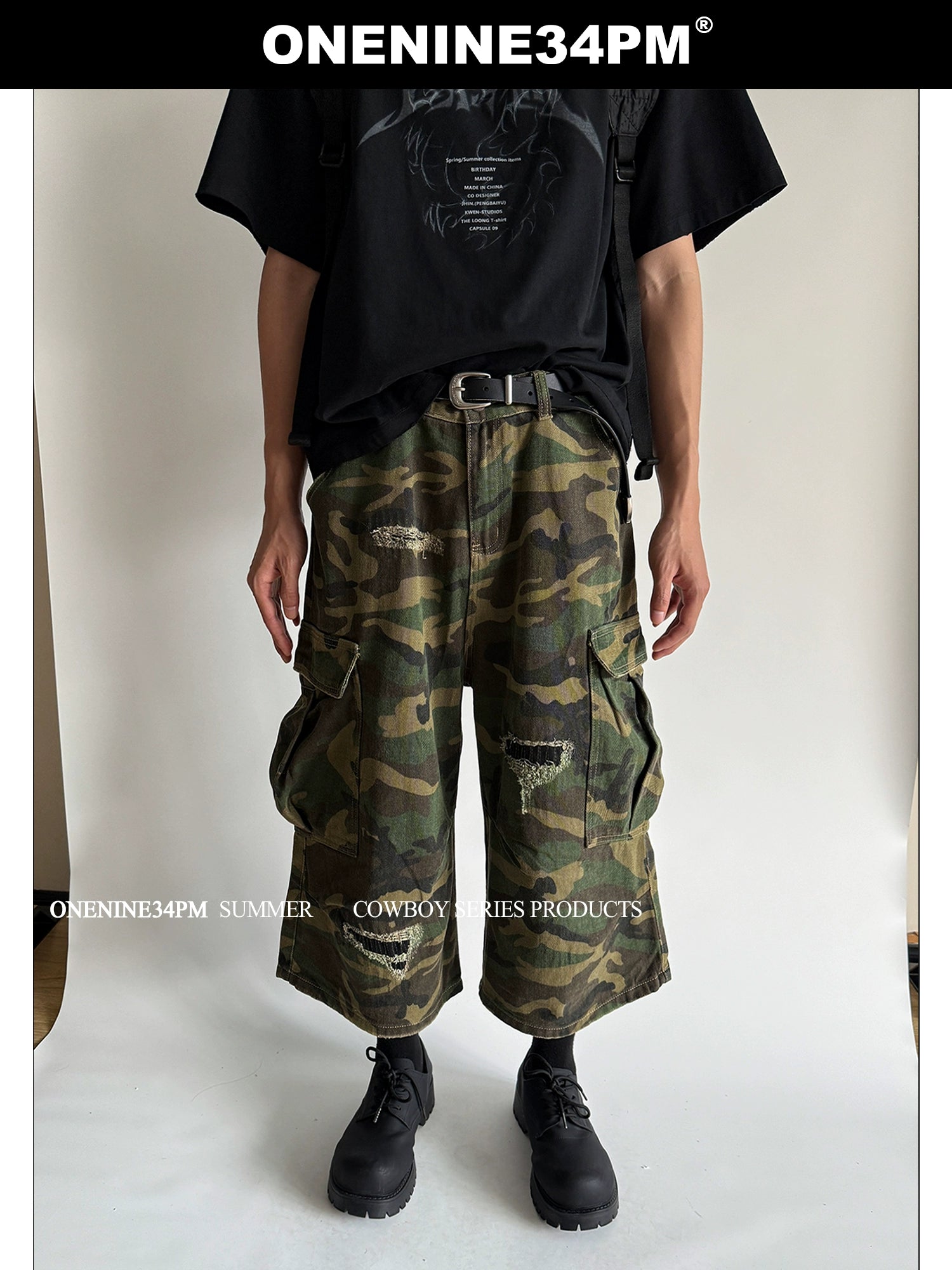 ONENINE34PM Retro Ripped Seven-point Camouflage Overalls