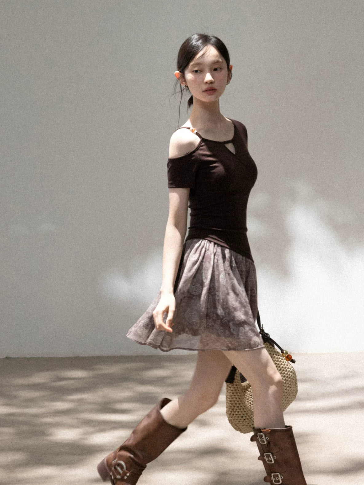 Cantonstory Slanted Shoulder Beaded Slim Tee Skirt Set