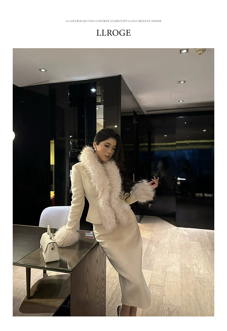 LLROGE Temperament Fur Collar Waist Woolen Jacket Skirt Set