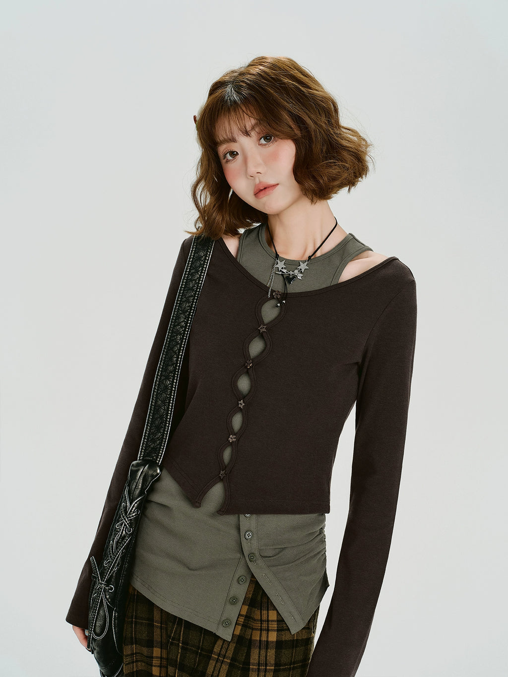 Girlyhalo Vintage Fake Two Piece Slim Skinny Long Sleeve