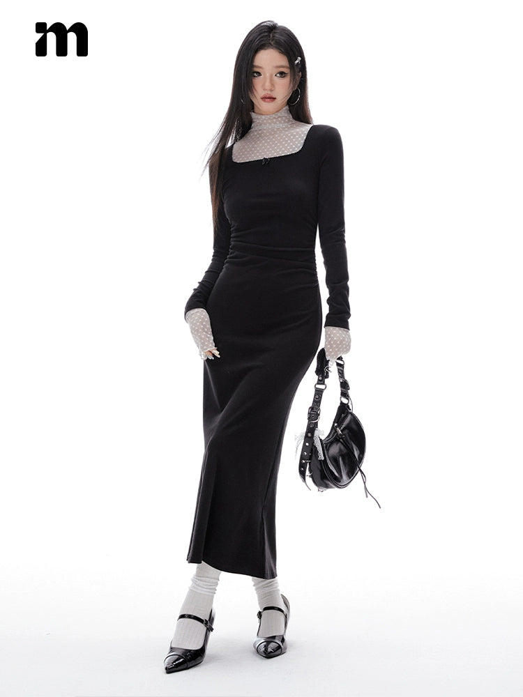 Imone Pleated Waist Mesh Stitching Semi-turtleneck Dress