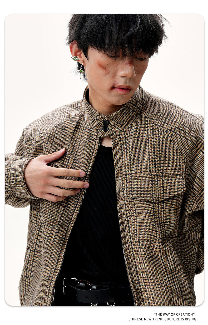 11KN Vintage Plaid Short Wide Zip Jacket