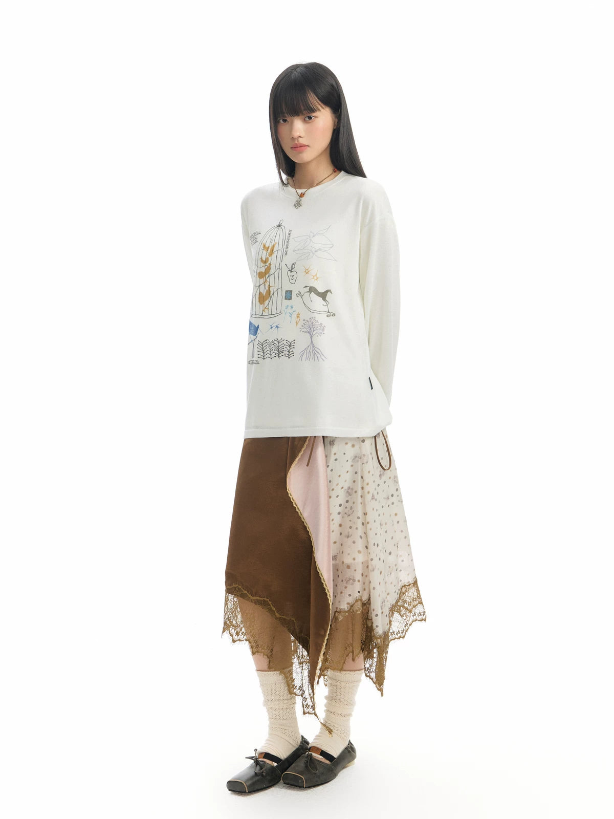 TGNS Stitched Lace Irregular Skirt