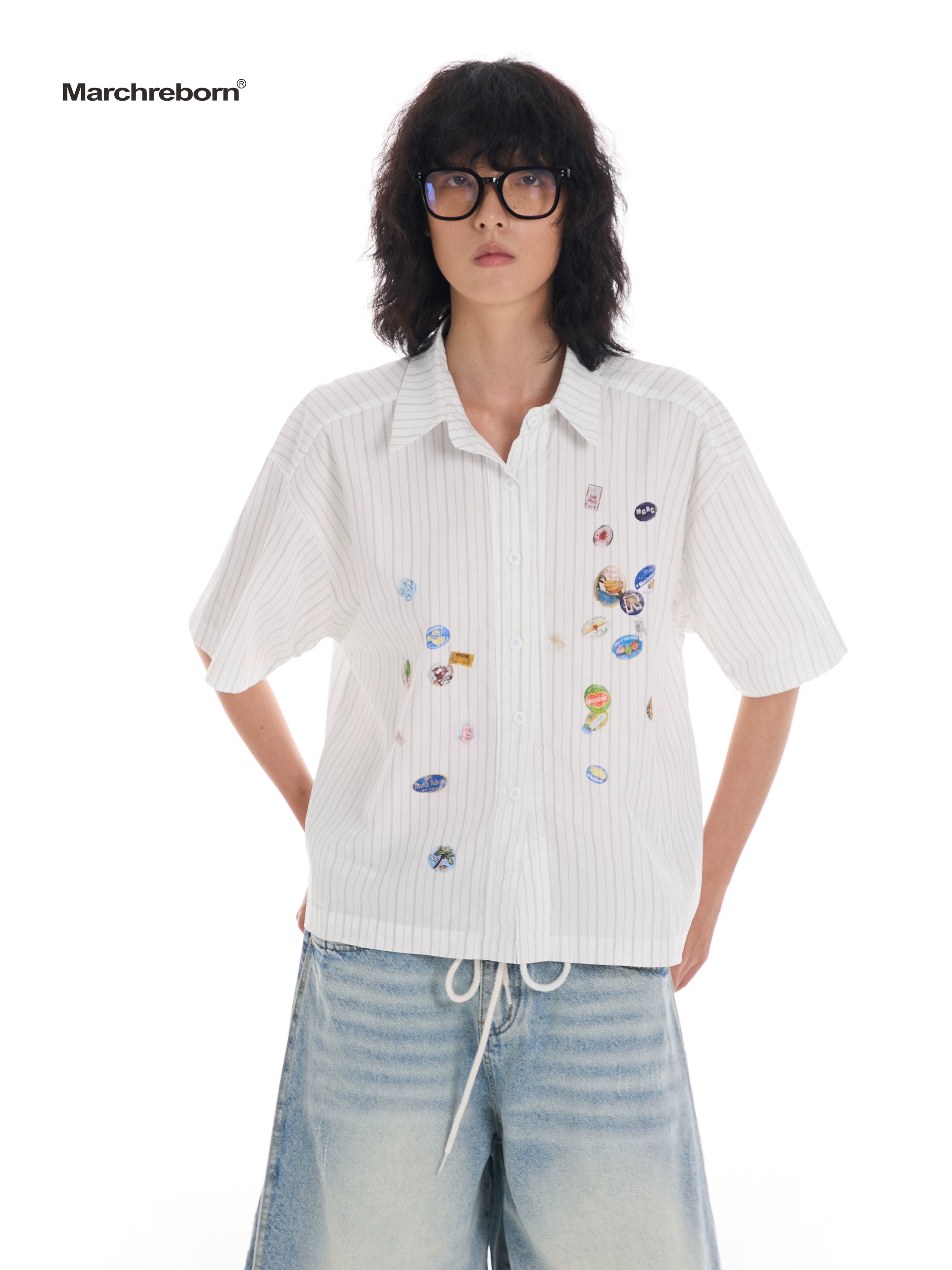March Easy Sticker Printed Striped Short Sleeve Shirt
