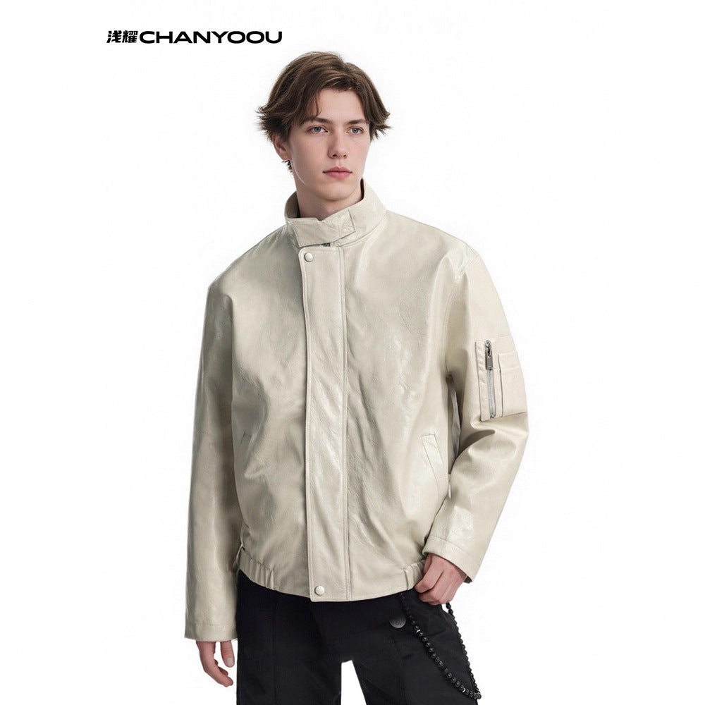 CHANYOOU Vintage Stand-up Collar Leather Jacket