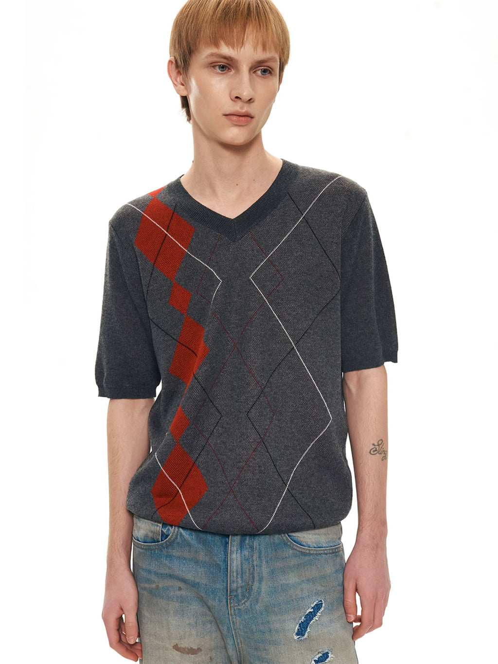 Slight Vogue Contrast Rhombus Splicing V-Neck Wool Tee