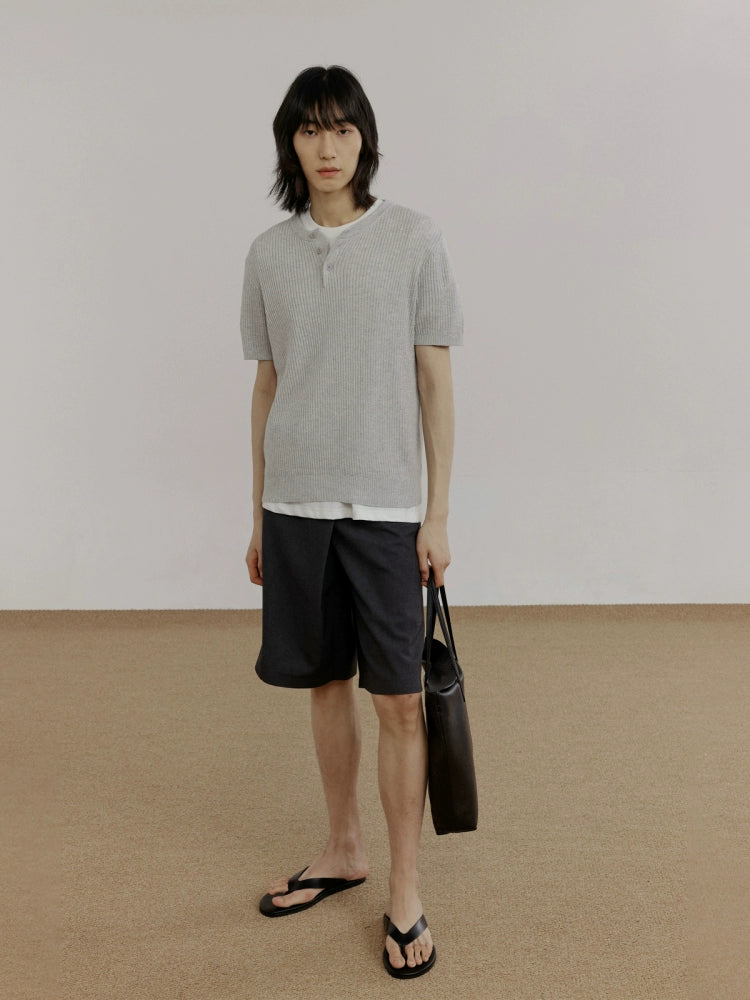 COLN Solid Color Simple Henry Collar Tee