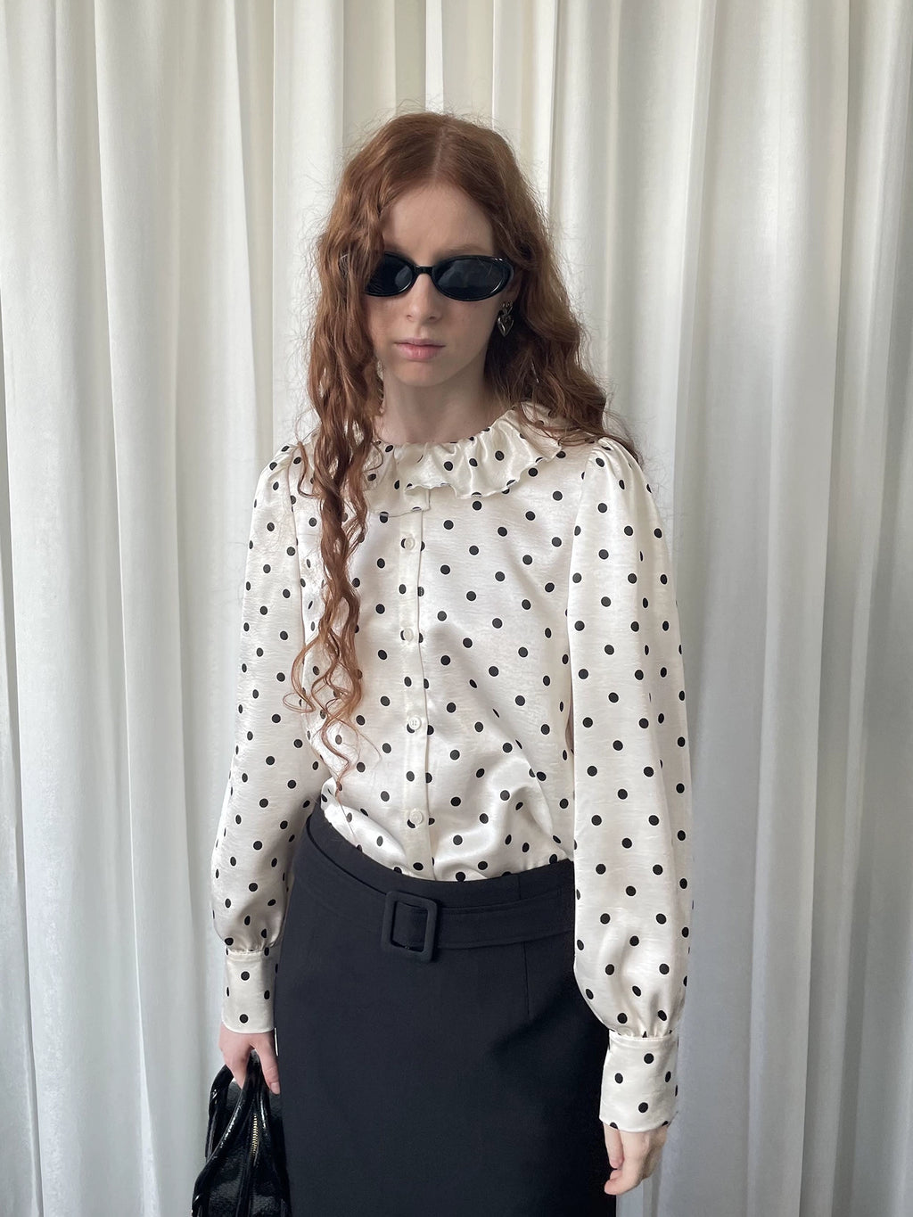 Loosesmell Fungus Edge Lace Collar Polka Dot Satin Long Sleeve Shirt