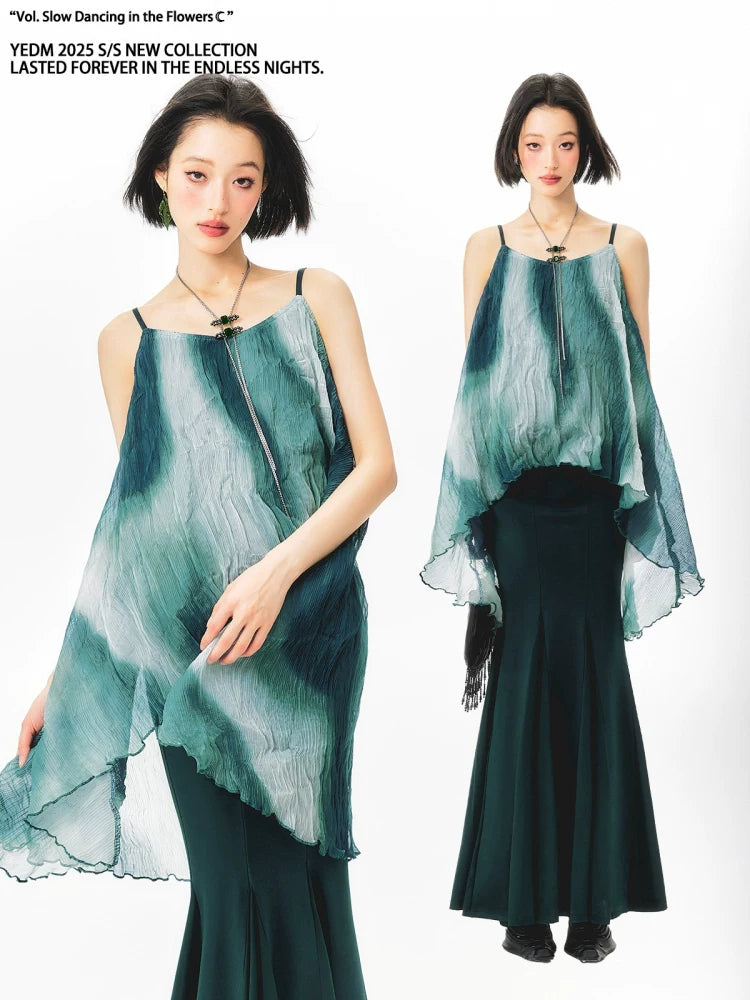 YEDM Tie-dye Gradual Change Suspender Fishtail Skirt Set