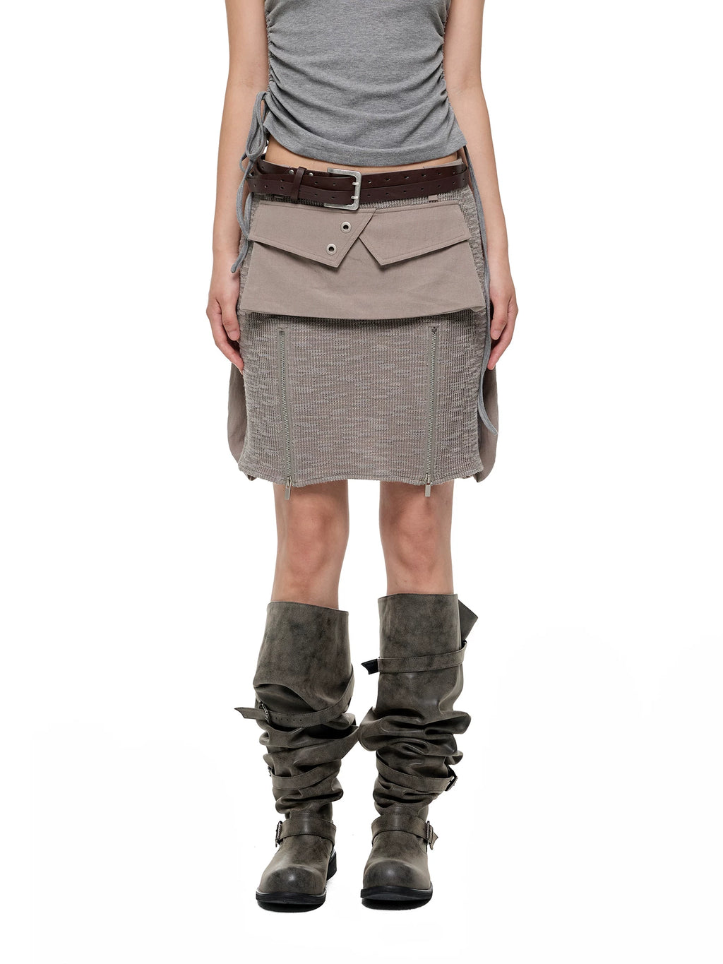JIKOO Patchwork Textured Knit Pocket Skirt