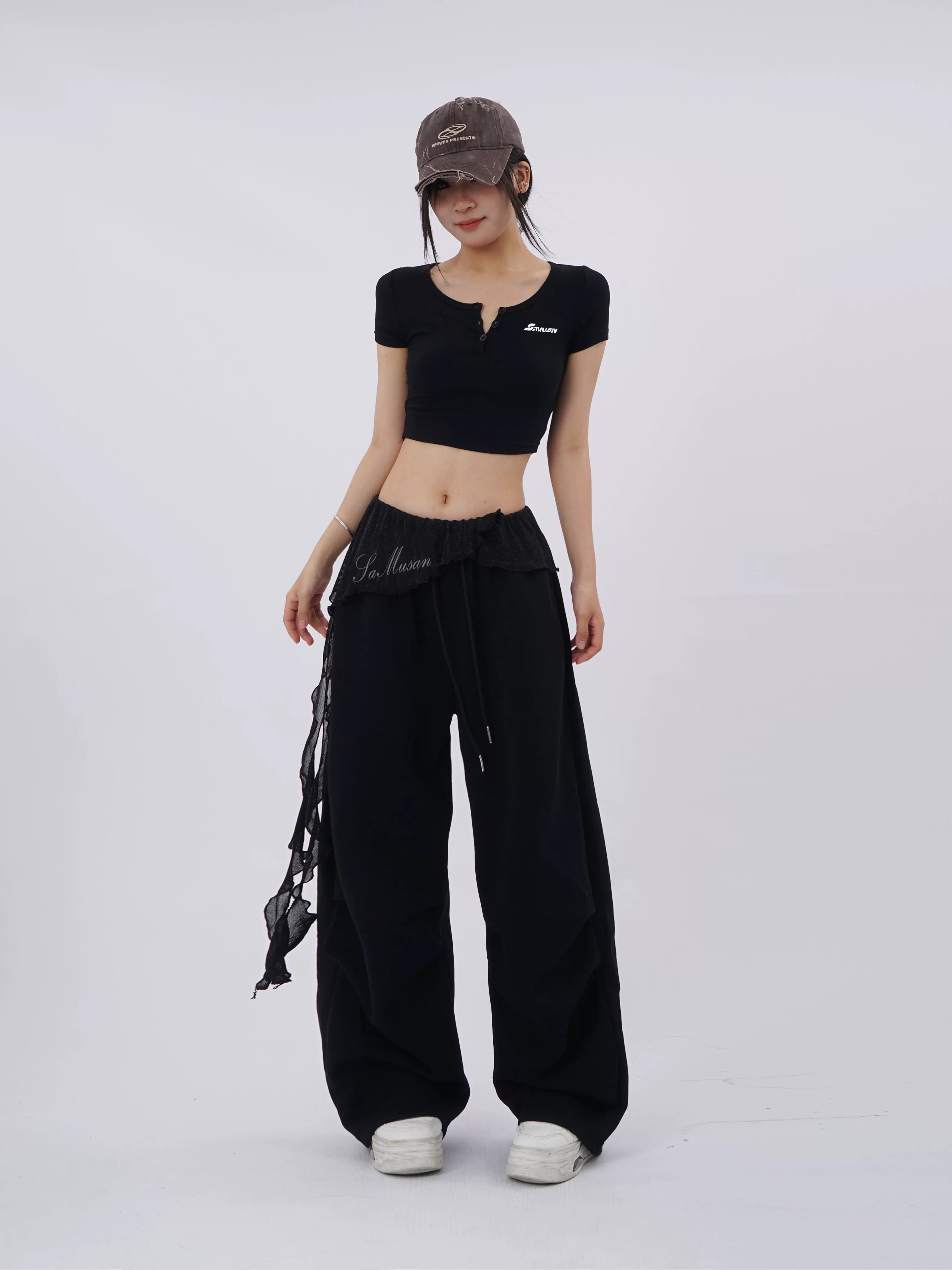 SAMUSAN Mesh Long Streamer Splicing Loose Wide-leg Pants