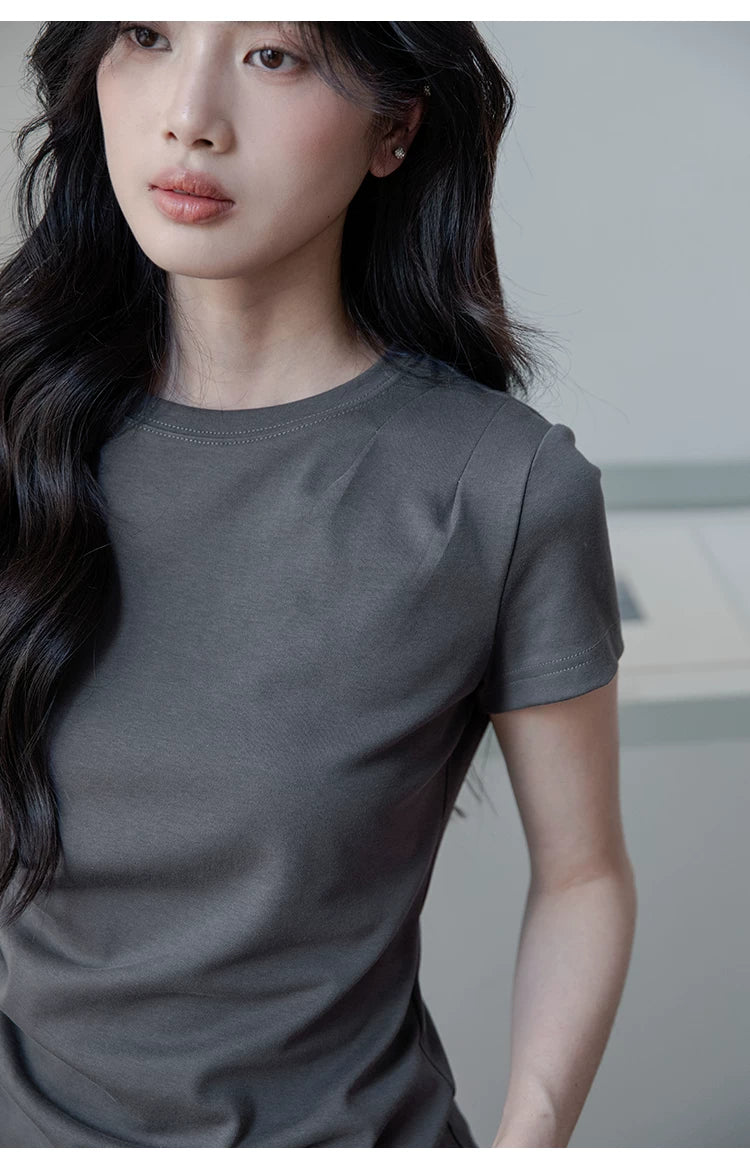 XUJING Pleated Front Shoulder Slim and Thin Tee